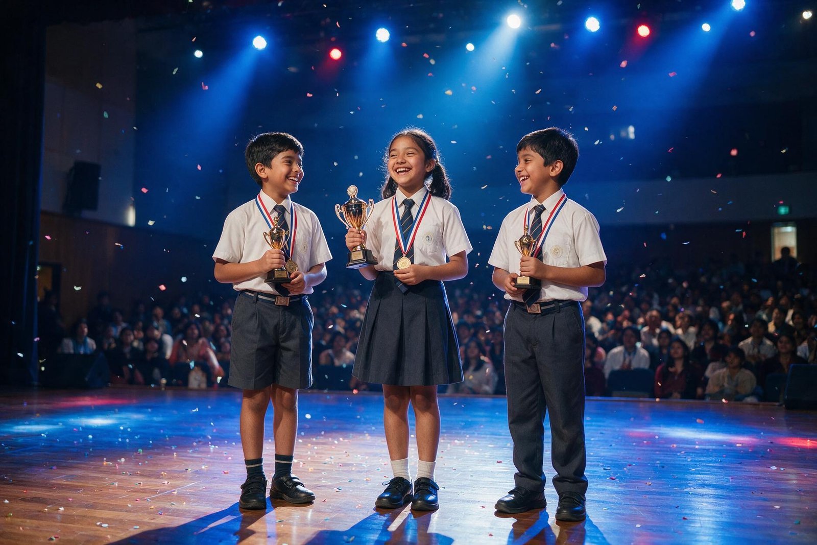 Students receiving trophies at an award ceremony