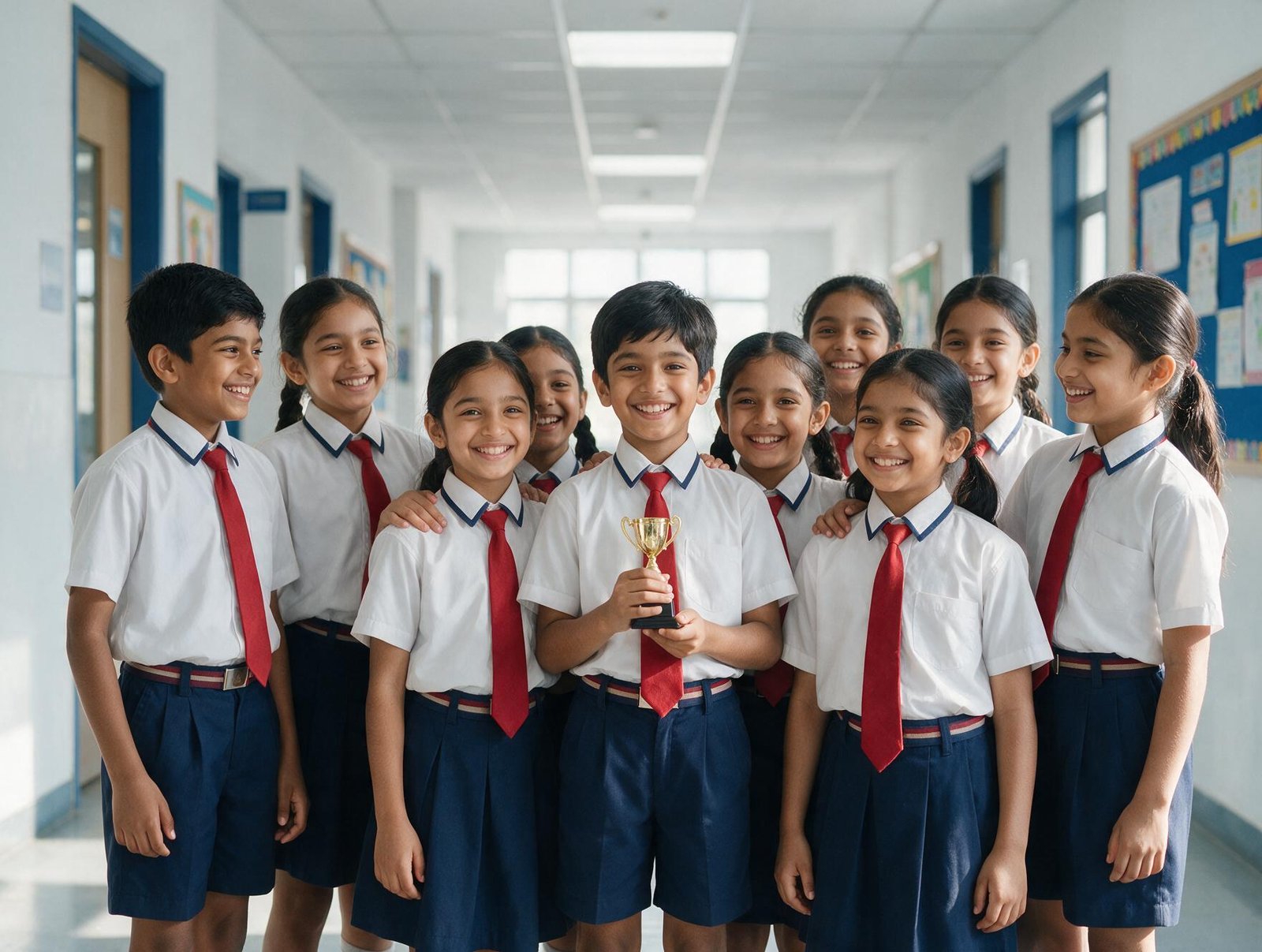 School students celebrating with a trophy