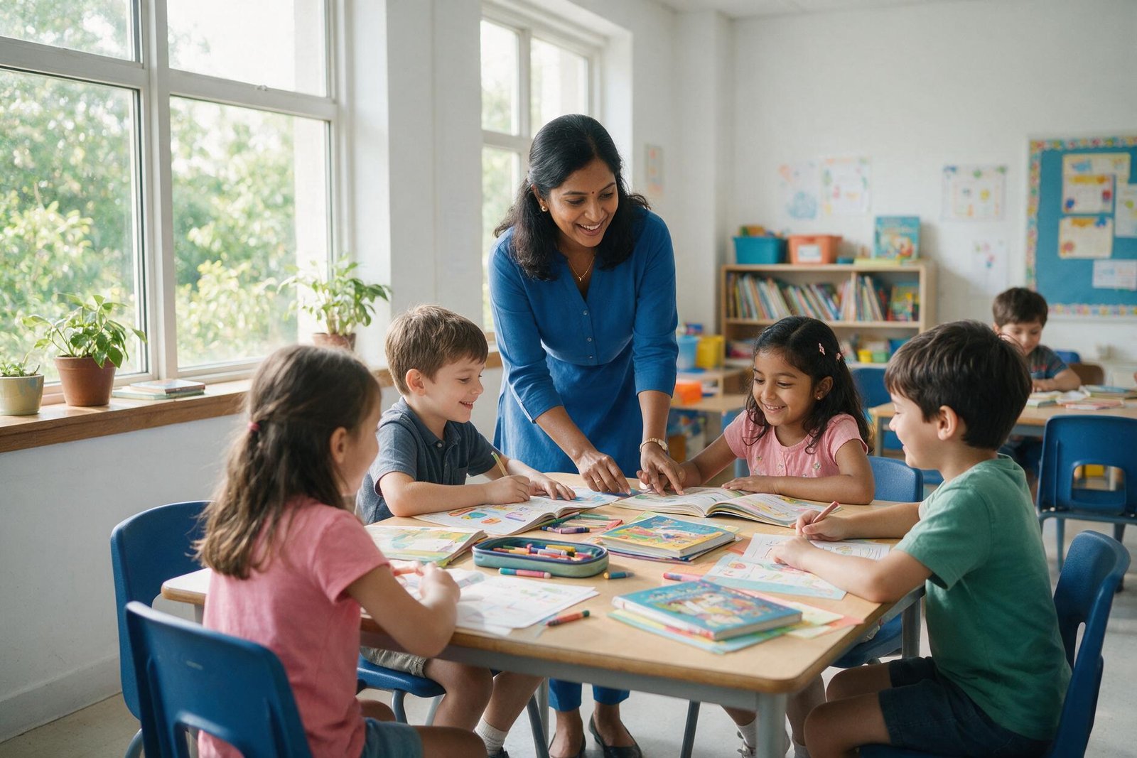 Teacher guiding young students in a classroom